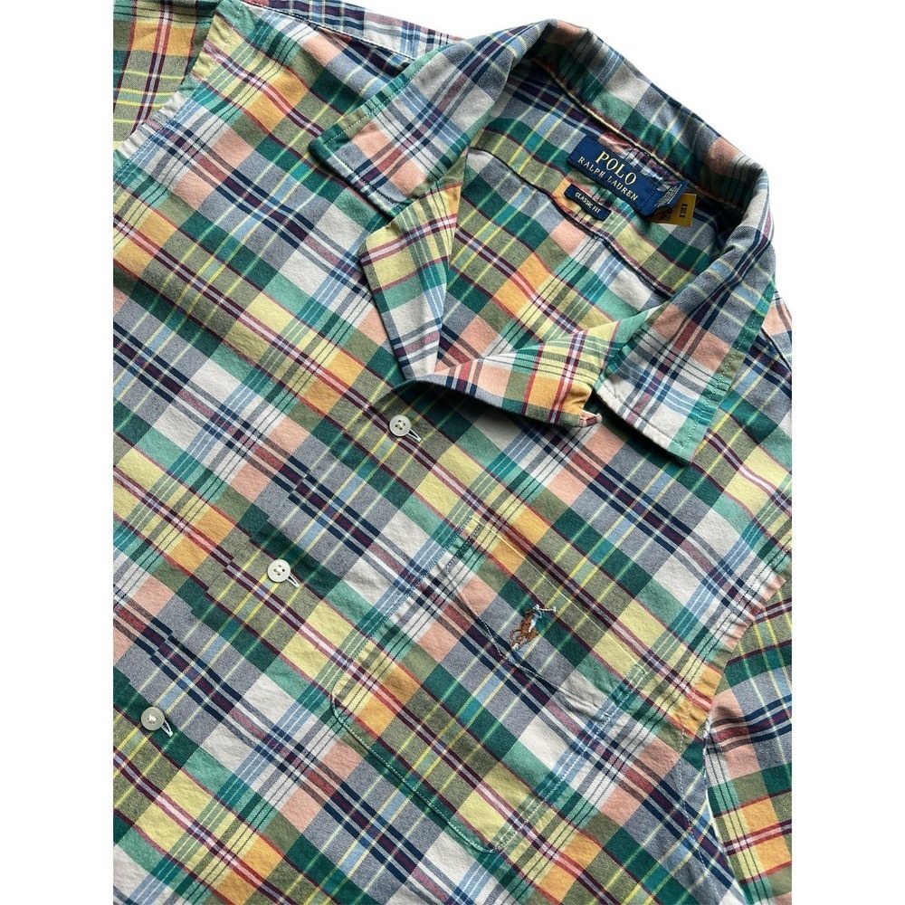 Polo Ralph Lauren Shirt Green Yellow Plaid Mens L Signature Pony Short Sleeve